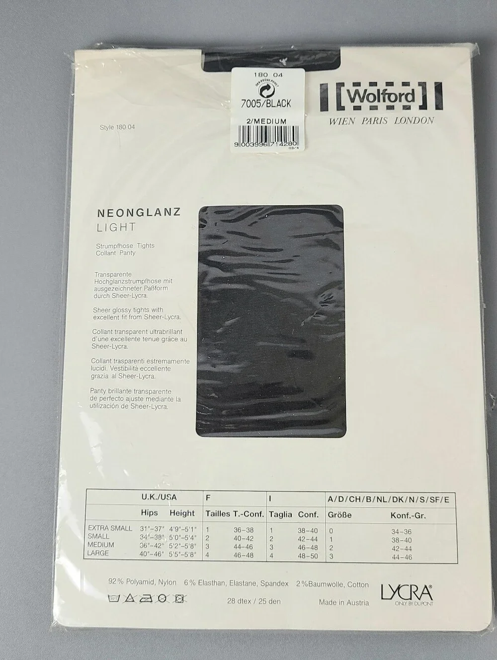 NWT Wolford Neonglanz Light Black Medium Vintage Hoisery Tights
